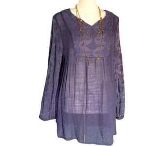 Indigo Soul Navy Blue Floral Lace & Gauze Flowy Boho Tunic Top Size Small